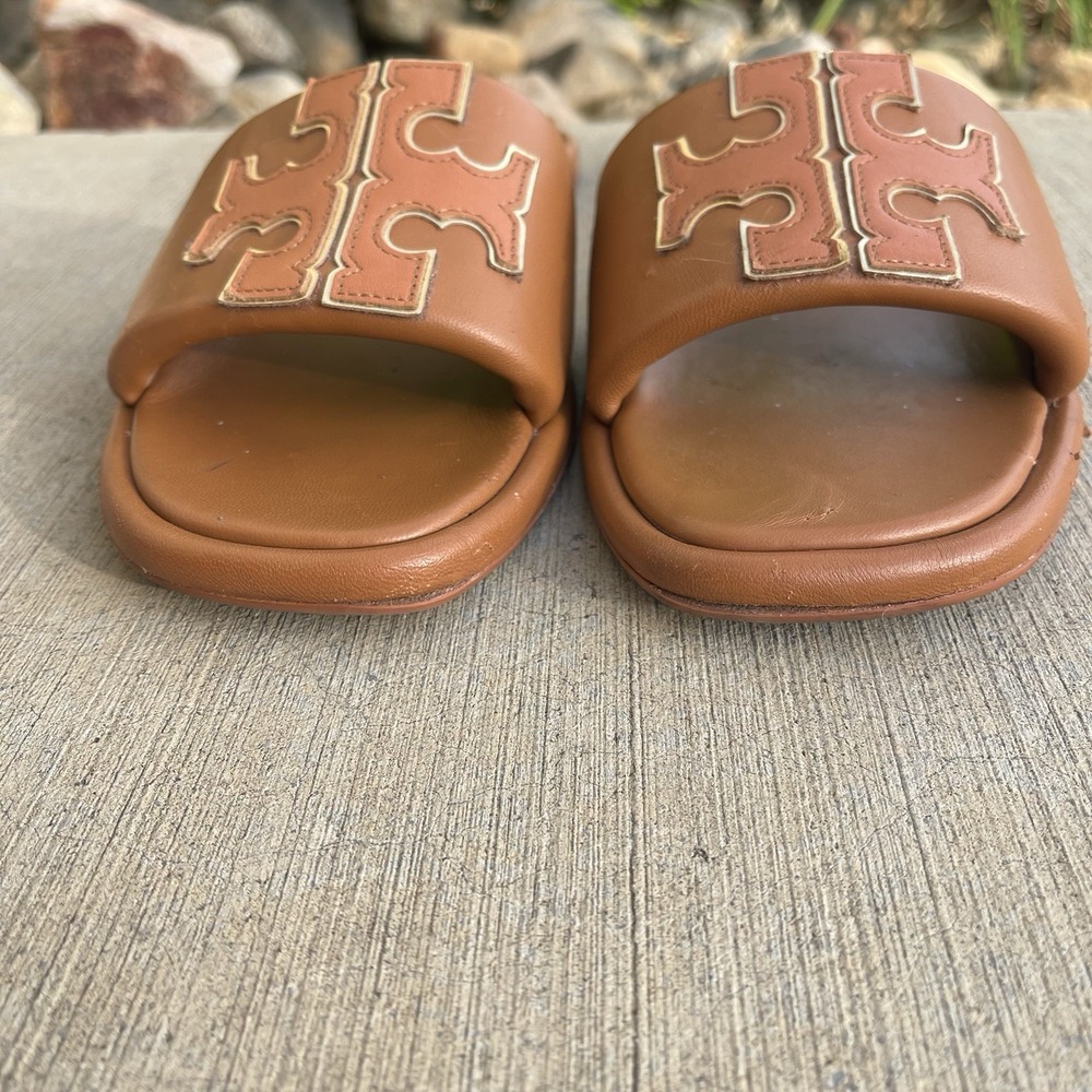 Tory Burch Double T Sport Slide Women 9.5 Leather Nappa Bourbon Miele Sandals** - Picture 2 of 10